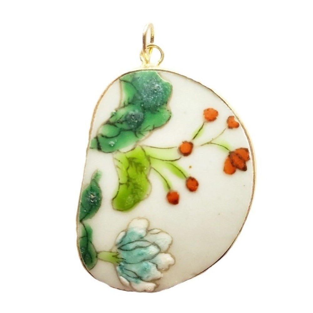 Vintage Floral Hand Painted Porcelain Pottery Shard Pendant Broken China Jewelry